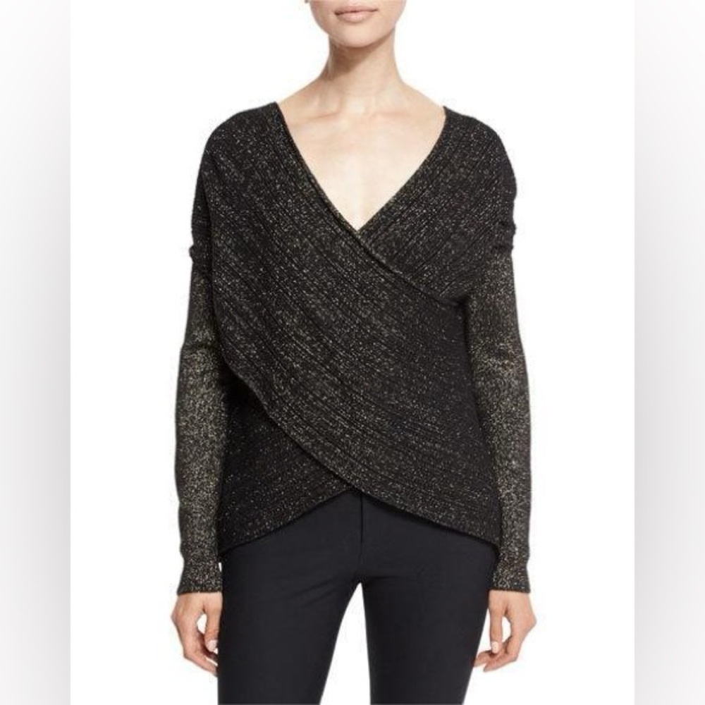 Derek Lam 10 Crosby Cross-Front Metallic Wool-Blend Sweater Black/Gold Size M